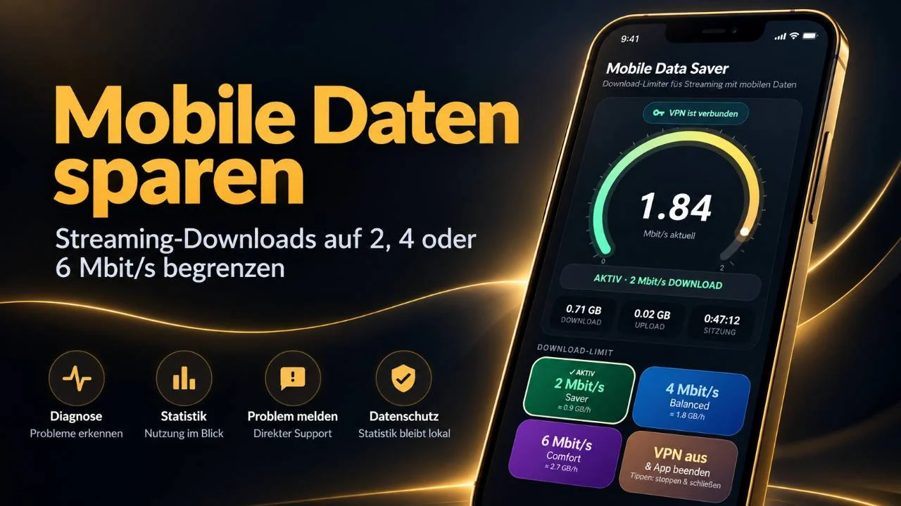 NOEMA Mobile Data Saver: Smartphone-Oberfläche und wählbare Streaming-Downloadlimits von 2, 4 oder 6 Mbit/s