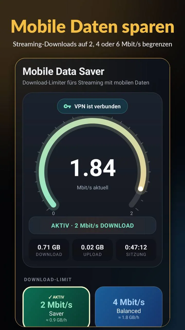 App-Ansicht mit aktivem 2-Mbit/s-Downloadlimit und Geschwindigkeitsanzeige