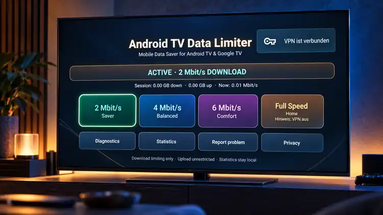 Android TV Data Limiter auf einem Fernseher im Wohnzimmer mit aktivem 2-Mbit/s-Sparprofil